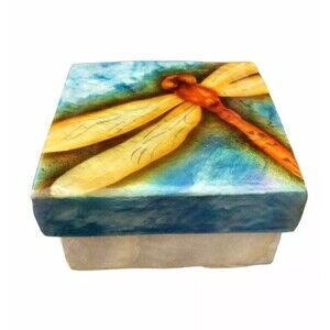 Capiz Hand-Painted Aqua Dragonfly Trinket | Jewelry Box Oyster Shell 3x3